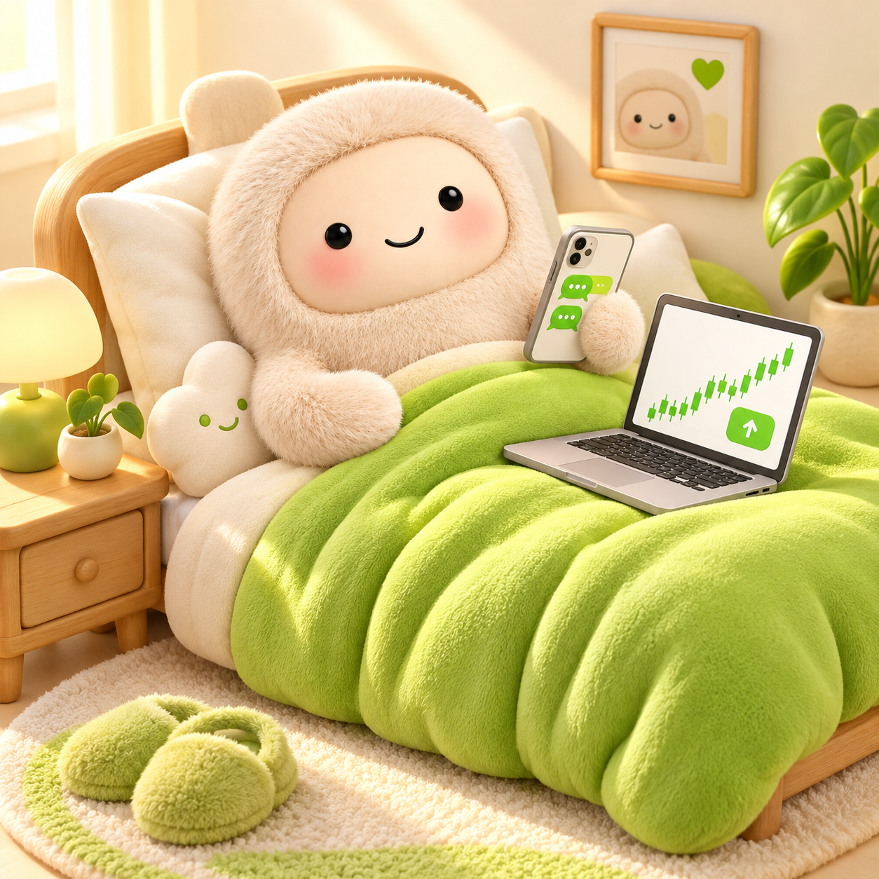 Happy Muse relaxing in bed, chatting on a phone beside a laptop with a rising green chart